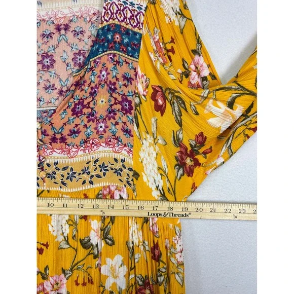 Boho Cottagecore Umgee Womens XL Mustard Yellow Floral Mixed Print Mini Dress - Picture 5 of 10
